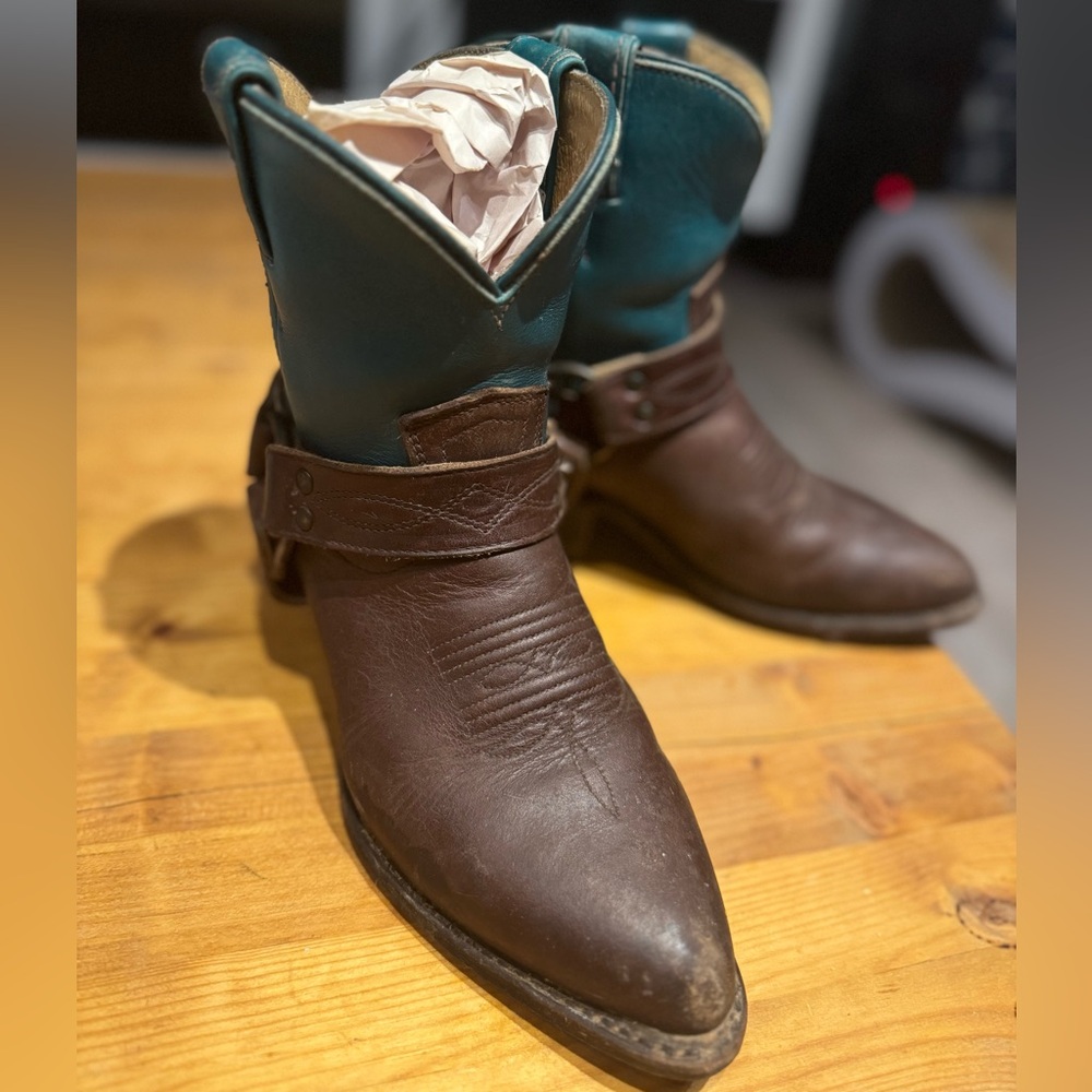 Frye teal and brown cowboy boots - size 5.5